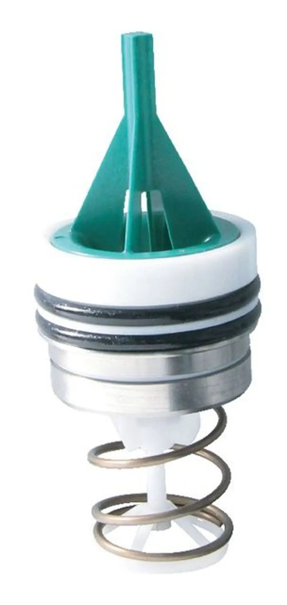 Patrone von Syr mit grüner Spitze und metallischer Feder, geeignet für Anwendung in Systemtrennern. Sichtbare Dichtungsringe und konische Form.